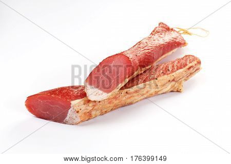 balyk on a white background. dried meat. beef, pork