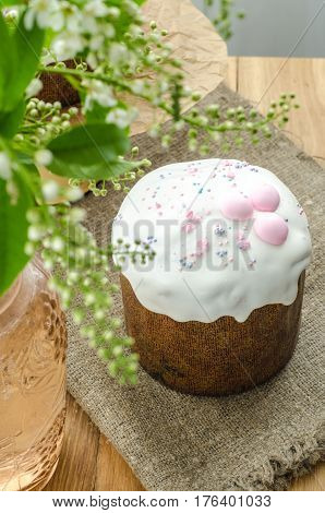 Easter cake with white glaze. Selective focus