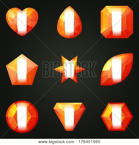 Set of gemstones with different shapes. Set of jewels with different facet form. Game match three items wit power-up. Bonus gems