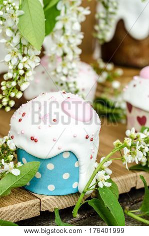 Easter cake with white glaze. Selective focus