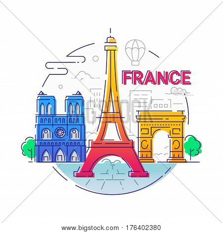 France - modern vector line travel illustration. Have a trip, enjoy your french vacation. Landmark image. An unusual composition with the Eiffel tower, notre dame, arc de triomphe, tree, city, cloud, ballon in the sky background