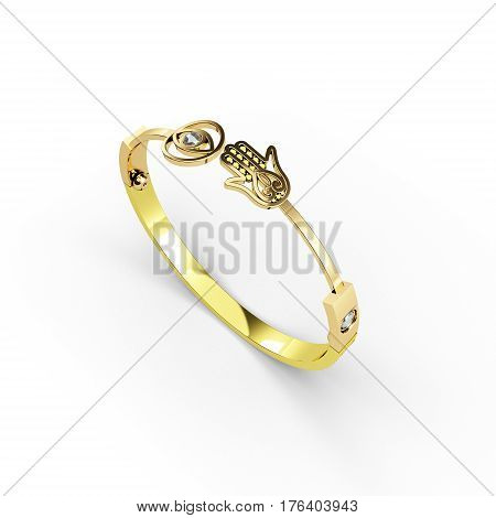 golden bracelet with hamsa symbol 3d illustration render isolated on white background.