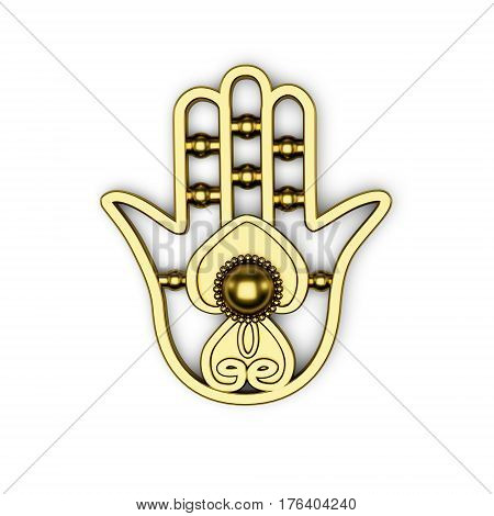 golden hamsa Fatima hand symbol 3d illustration render isolated on white background. Top view with shadows