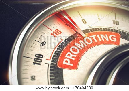 Promoting Rate Conceptual Gauge with Caption on the Red Label. Business Concept. Metal Speedmeter with Red Punchline Reach the Promoting. Illustration with Depth of Field Effect. 3D Illustration.