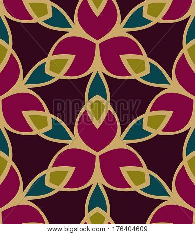 Seamless pattern morrocan ornament. Floral textile print. Islamic vector design. Oriental baclground with abstract flowers. Hexagonal swatch.