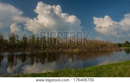 Amazing beautiful spring landscape with a river and clouds. Ukraine. Europe.