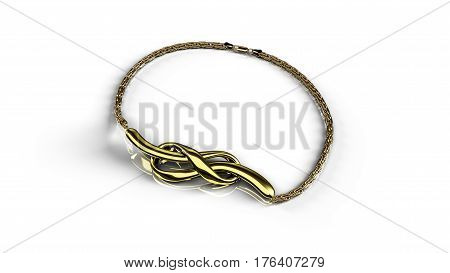 Infinity shaped golden pendant with chain isolated on a white background in perspective isometric view with shadows and reflections 3D illustration render