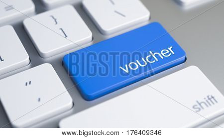 Modern Computer Keyboard Button Showing the Inscription Voucher. Message on Blue Keyboard Button. Service Concept. Blue Keypad on Metallic Keyboard. 3D Illustration.