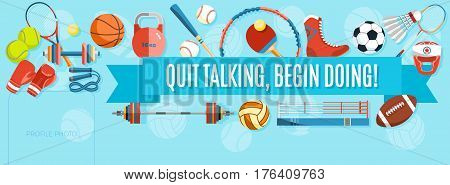 Set of sport balls and gaming items at a turquoise background. Healthy lifestyle tools, elements. Inscription QUIT TALKING, BEGIN DOING. Vector Illustration