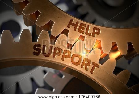 Help Support Golden Cog Gears. Help Support on the Mechanism of Golden Metallic Gears with Glow Effect. 3D Rendering.
