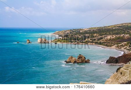 Cyprus Petra-tou-Romiou legendary Aphrodite's birthplase. Sea view. Cloudy spring day