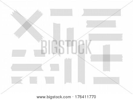 Fragments of gray adhesive tape. Set of twenty torn pieces isolated on white background. Vector illustration. Transparency.