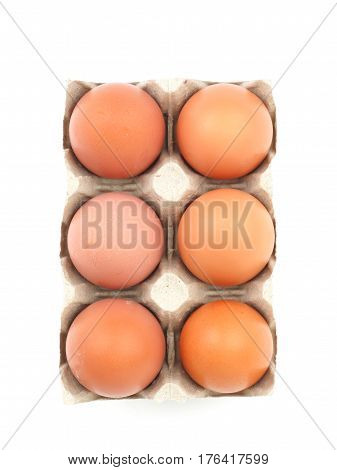 Organic eggs in paperboard egg cartons isolated on white