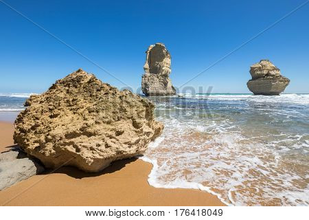 Gog and Magog are two giant limestone stacks offshore from the Gibson Steps on the Great Ocean Road outside Port Campbell in Victoria, Australia.