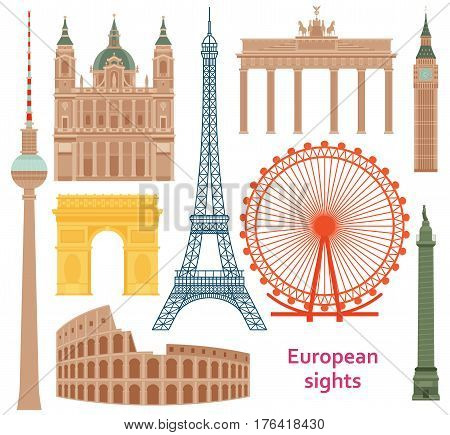 European most famous sights flat set. Vector illustration.