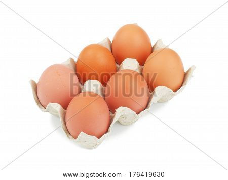 Organic eggs in paperboard egg cartons isolated on white