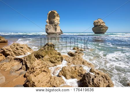 Gog and Magog are two giant limestone stacks offshore from the Gibson Steps on the Great Ocean Road outside Port Campbell in Victoria, Australia.