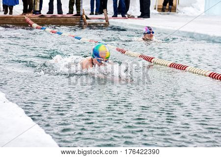 Sahyurta, Irkutsk Region, Russia - March 11.2017: Cup Of Baikal. Winter Swimming Competitions
