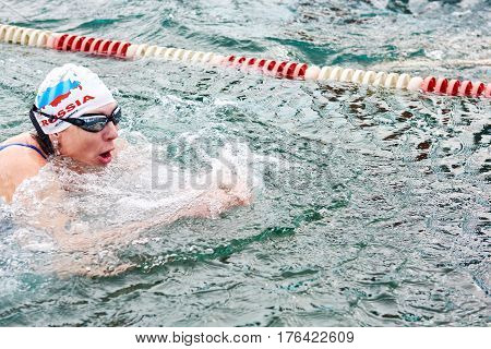 Sahyurta, Irkutsk Region, Russia - March 11.2017: Cup Of Baikal. Winter Swimming Competitions