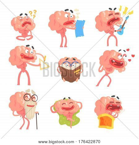 Humanized Brain Cartoon Character With Arms And Legs Funny Life Scenes And Emotions Set Of Illustrations. Thinking Human Organ Stylized Vector Illustrations With His Leisure And Recreation.