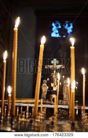 The candles in orthodox church. Selective focus