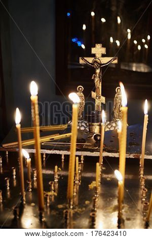 The candles in orthodox church. Selective focus