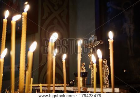 The candles in orthodox church. Selective focus