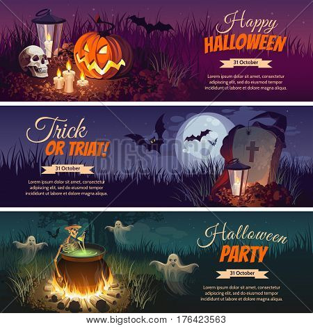 Halloween Banners with the characters on the background of night of the autumn landscape