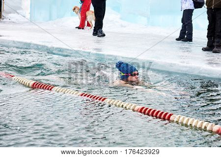 Sahyurta, Irkutsk Region, Russia - March 11.2017: Cup Of Baikal. Winter Swimming Competitions