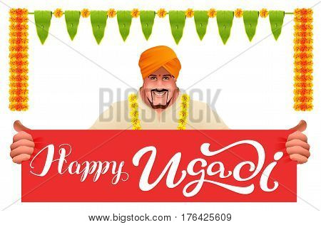 Hindu man holds banner happy ugadi. Isolated on white vector illustration