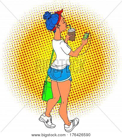 Young woman walking with phone in headphones pop art retro vector illustration. Comic girl with blue hairs and coffee