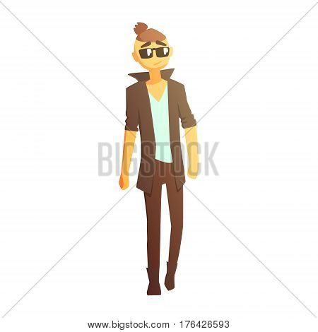Guy With Shaved Temlpes In Boots And Dark Coat, Young Person Street Fashion Look With Mass Market Clothes. Stylish Teenager Every Day Personal Style Clothing Illustration