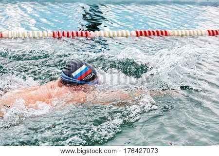 Sahyurta, Irkutsk Region, Russia - March 11.2017: Cup Of Baikal. Winter Swimming Competitions. Breas