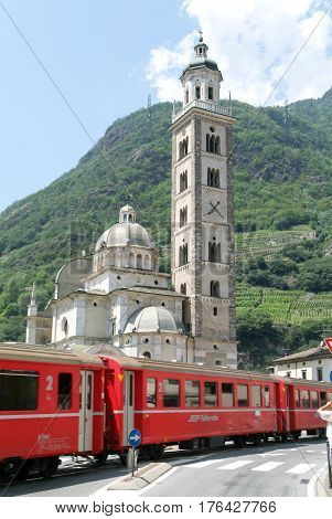 Bernina Express Train Arriving At Tirano On Italy