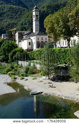 People  Sunbathing At The Beach Of Varallo Sesia Village, Italy