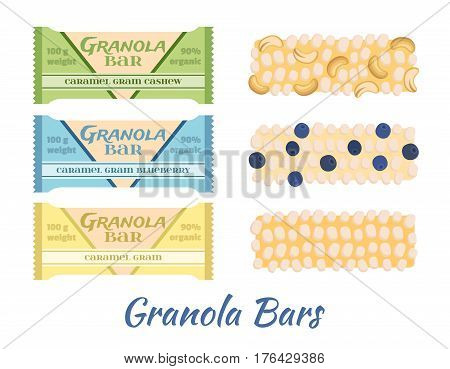 Granola bars. Caramel with grain, berries, nuts. Protein sport bars. Flat vector style.