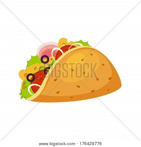 Taco Wrap With Tortilla, Ham And Vegetables, Street Fast Food Cafe Menu Item Colorful Vector Icon. Isolated Eatable Object For Snack Lunch Representing Unhealthy Eating Habits.