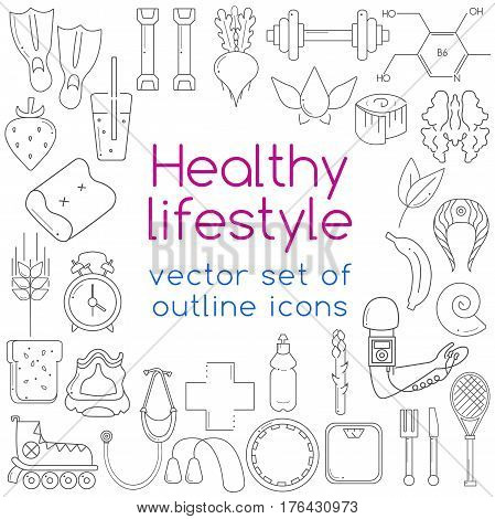 Healthy lifestyle concept in flat design. Vector outline icons for your web design. Icons of healthy food and sport.