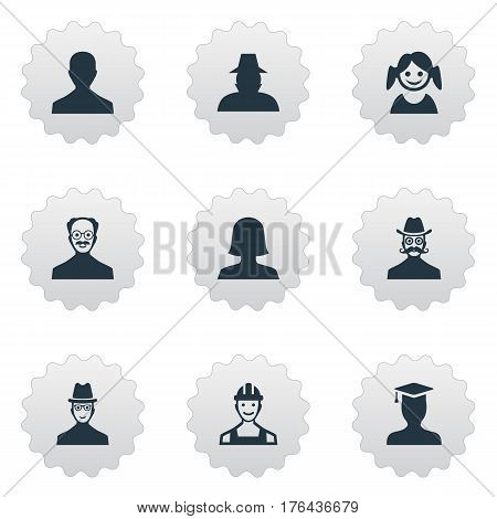 Vector Illustration Set Of Simple Human Icons. Elements Male User, Whiskers Man, Moustache Man And Other Synonyms Man, Proletarian And Detective.