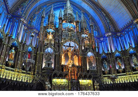 MONTREAL - AUG. 4, 2011: Altar of Montreal Notre-Dame Basilica (French: Basilique Notre-Dame de Montreal), Montreal, Quebec, Canada.