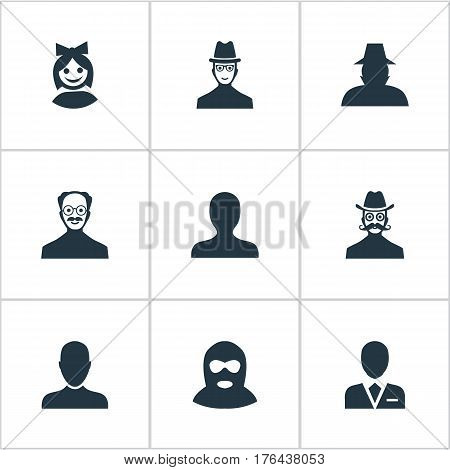 Vector Illustration Set Of Simple Member Icons. Elements Workman, Spy, Whiskers Man And Other Synonyms Man, Hat And Little.