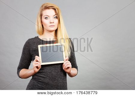 Woman Holding Blank Black Board