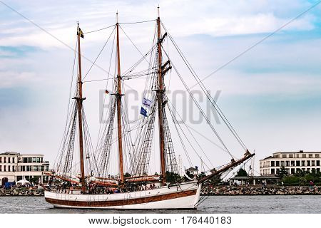 Rostock, Germany - August 2016: Sailing ship on the baltic sea. Hanse-Sail Warnemuende at port Rostock, Mecklenburg-Vorpommern, Germany. Tall Ship.Yachting and Sailing travel. Cruises and holidays