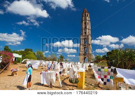 Manaca Iznaga Cuba - January 29 2017: Typical Cuban market near the Manaca Iznaga old slavery tower near Trinidad Cuba. The Manaca Iznaga Tower is the tallest lookout tower ever built in the Caribbean sugar region.