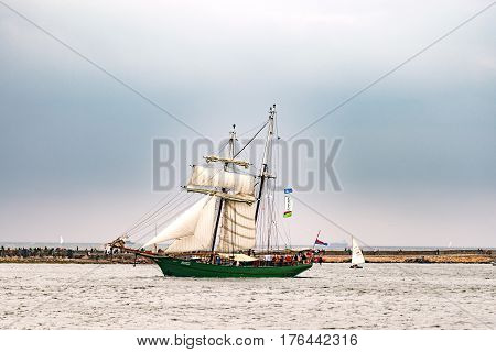 Rostock, Germany - August 2016: Sailing ship Avatar on the baltic sea. Hanse-Sail Warnemuende at port Rostock, Mecklenburg-Vorpommern, Germany. Tall Ship.Yachting and Sailing travel. Cruises and holidays