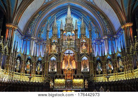 MONTREAL - AUG. 4, 2011: Altar of Montreal Notre-Dame Basilica (French: Basilique Notre-Dame de Montreal), Montreal, Quebec, Canada.