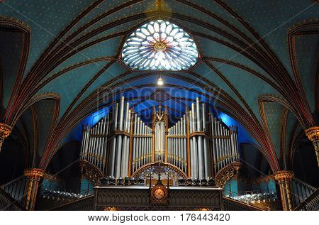 MONTREAL - AUG. 4, 2011: Pipe Organ of Montreal Notre-Dame Basilica (French: Basilique Notre-Dame de Montreal), Montreal, Quebec, Canada.