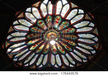 MONTREAL - AUG. 4, 2011: Colorful roof window of Montreal Notre-Dame Basilica (French: Basilique Notre-Dame de Montreal), Montreal, Quebec, Canada.