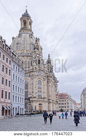 DresdenGermany-January 42017: Frauenkirche is a Lutheran church. It was erected on (1670-1733).Tourists visiting the sights