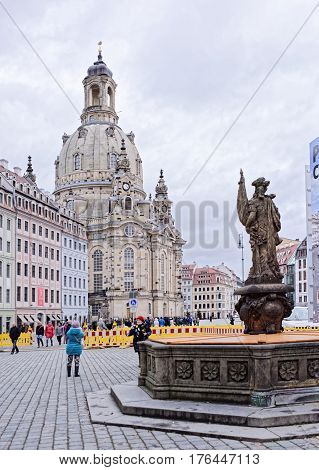 DresdenGermany-January 42017: Frauenkirche is a Lutheran church. It was erected on (1670-1733).Tourists visiting the sights